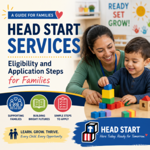 Illustrated family reviewing Head Start services eligibility and application steps for young children