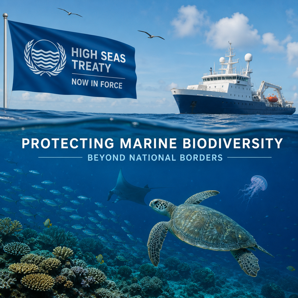 Illustration of the High Seas Treaty protecting marine biodiversity in the open ocean