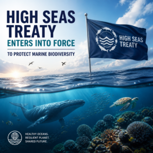 Ocean illustration with treaty text highlighting protection of marine biodiversity under the High Seas Treaty