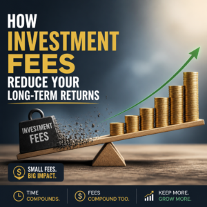 Illustration of investment fees reducing long-term returns, with a seesaw balancing fees and growing coin stacks