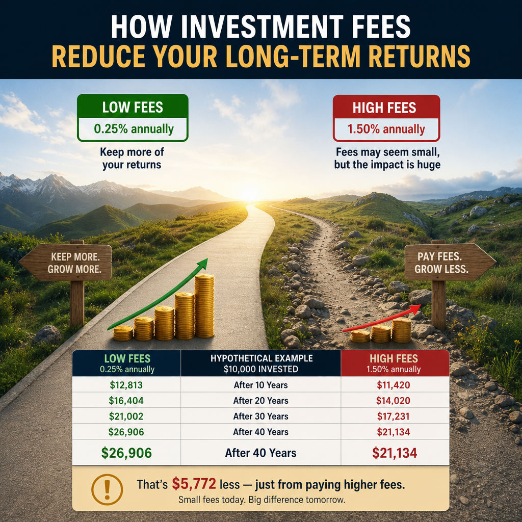 Comparison of $10,000 growth over 40 years showing low 0.25% vs high 1.50% investment fees and returns