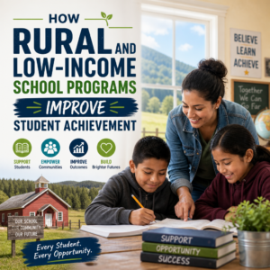 Teacher helping two students with schoolwork in a rural classroom, showing support from rural school programs