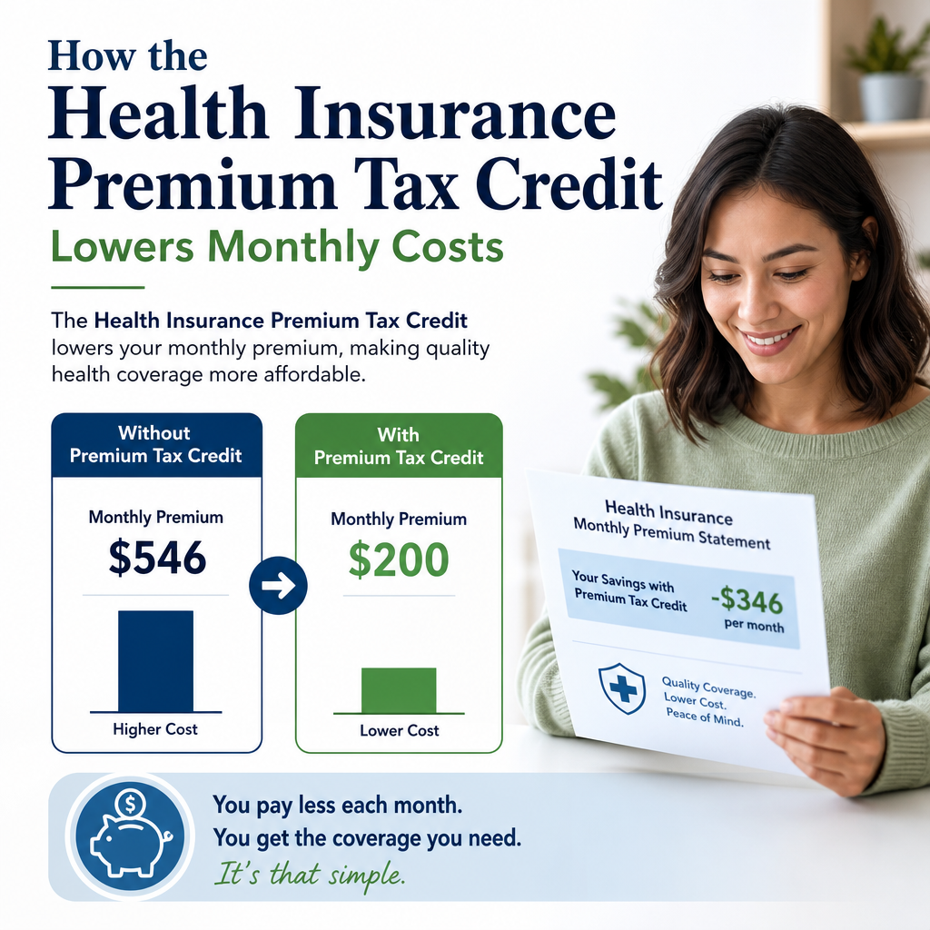 Infographic showing how the health insurance premium tax credit lowers monthly Marketplace premiums.