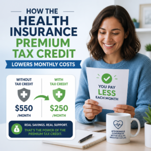 Infographic showing health insurance premium tax credit lowering monthly premium from $550 to $250