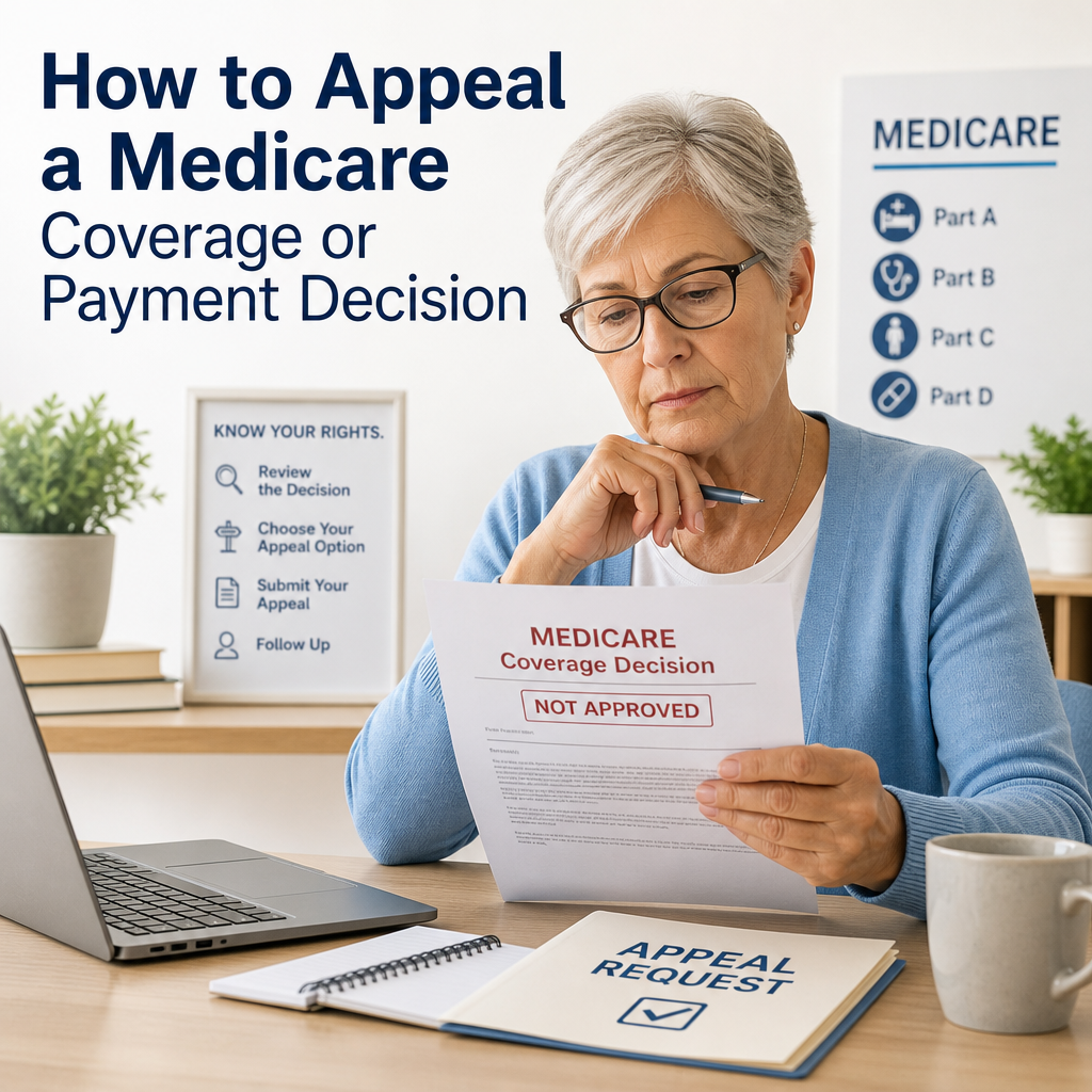 Senior woman reviewing a Medicare denial letter and appeal form