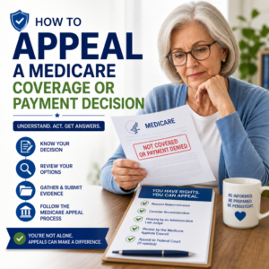 Senior woman reviewing Medicare appeal options for a coverage or payment decision
