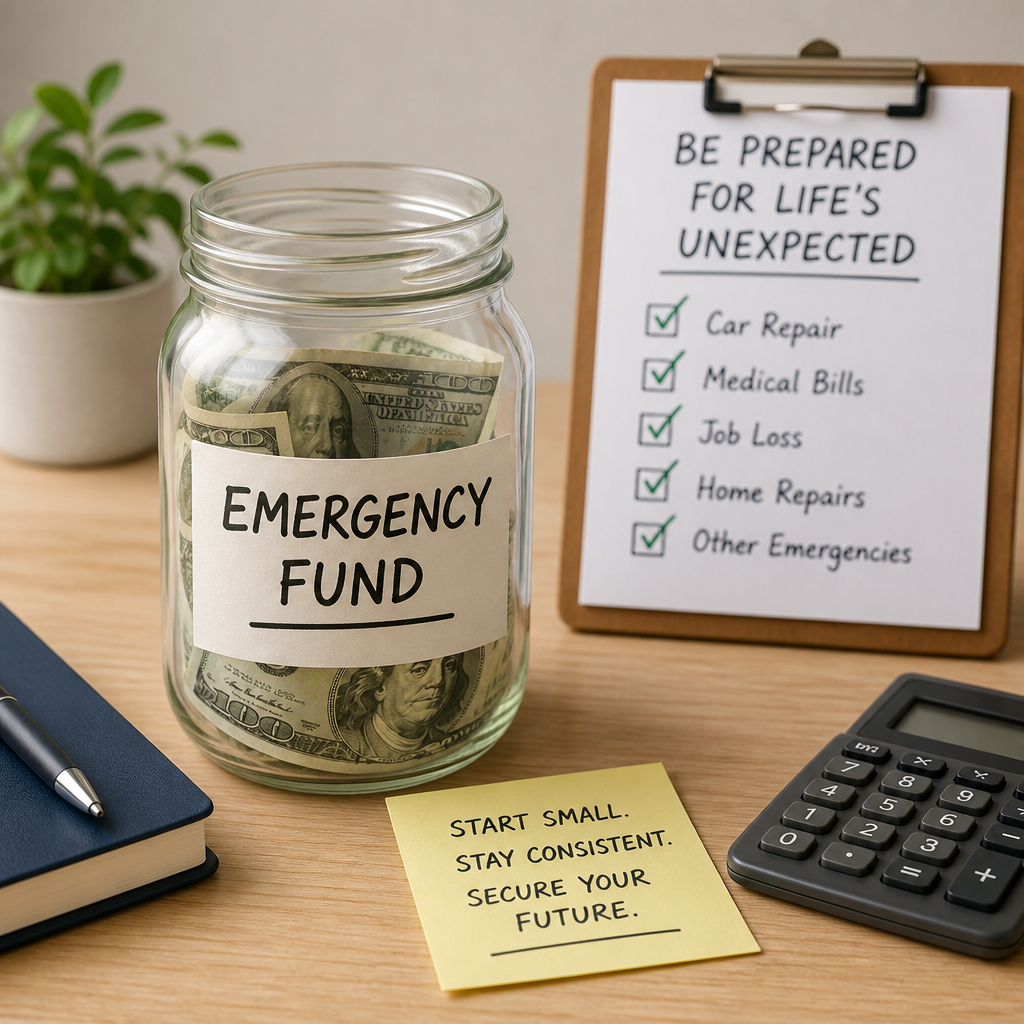 Emergency fund jar with cash and a checklist for unexpected expenses on a desk