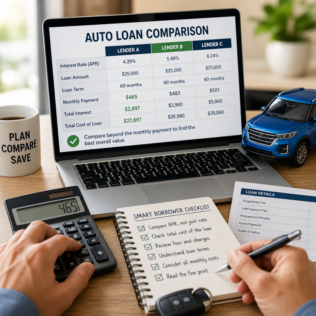 Auto loan comparison chart on laptop with calculator, checklist, and model car on desk