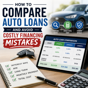 Illustration of comparing auto loan offers, with APR, loan terms, fees, and monthly payments highlighted