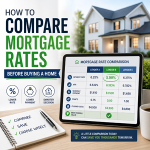 Homebuyer comparing mortgage rates on documents and a calculator to find the best loan deal