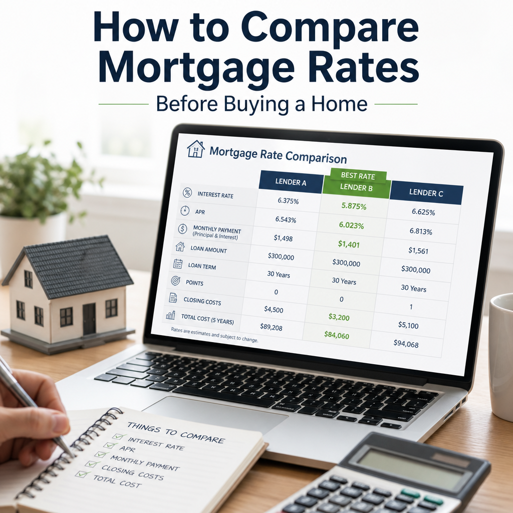 Laptop screen showing a mortgage rate comparison chart for different lenders before buying a home