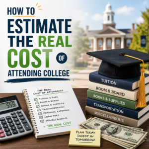Illustration of college cost of attendance: tuition, room and board, books, transportation, and expenses