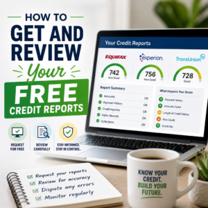 Person reviewing free credit reports from Equifax, Experian, and TransUnion on a laptop