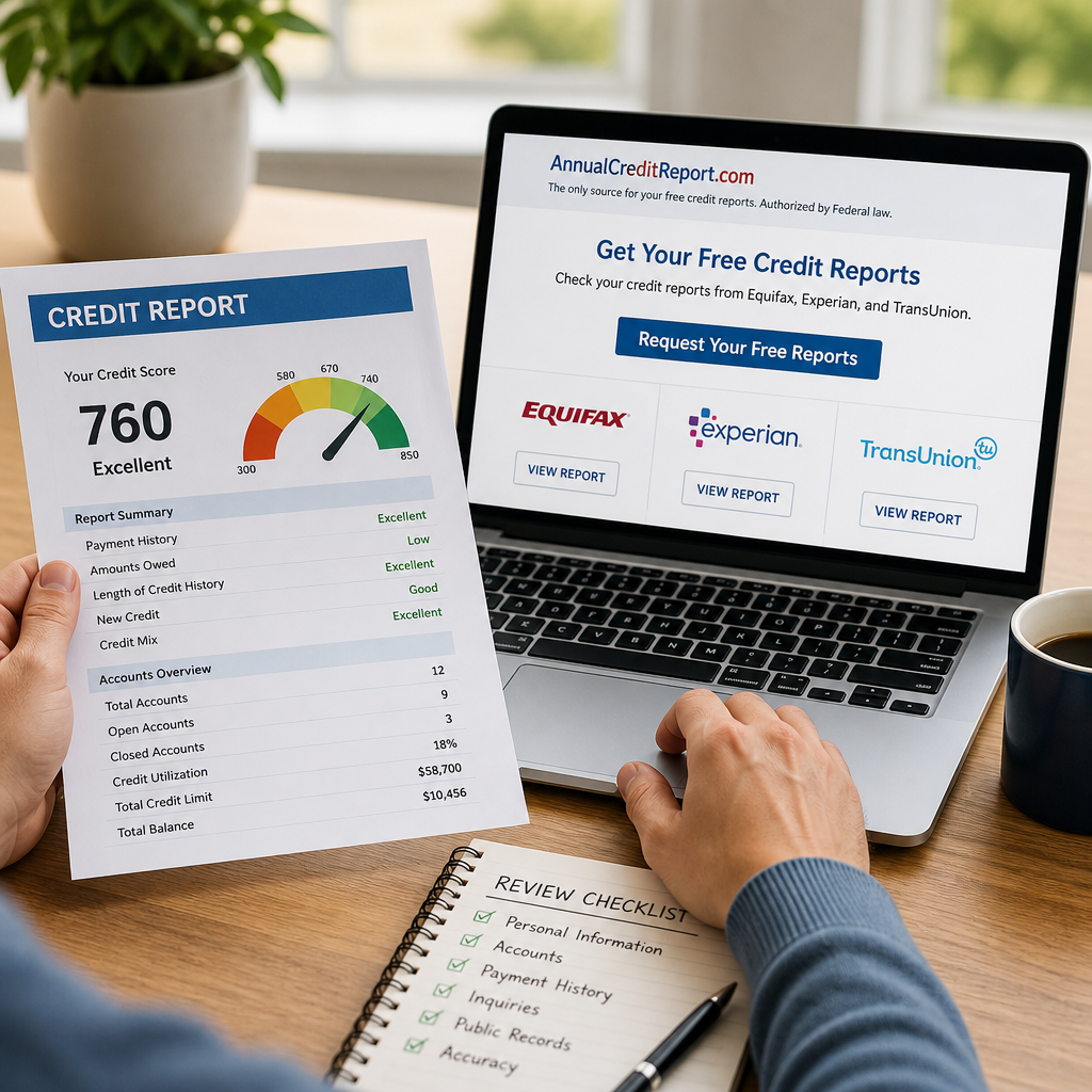 Person reviewing a credit report on a laptop and requesting free credit reports online