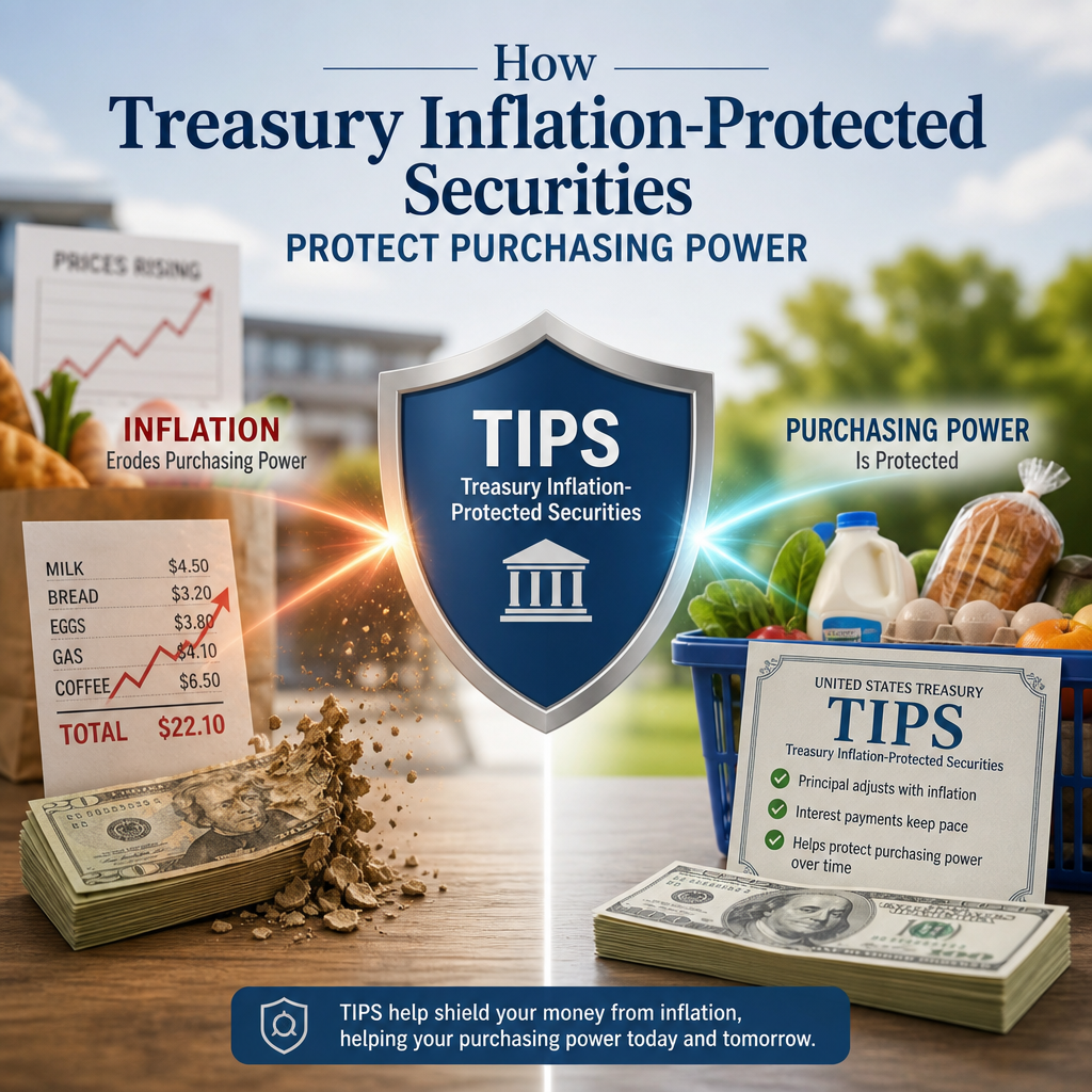 Infographic showing Treasury Inflation-Protected Securities adjusting with inflation to protect purchasing power