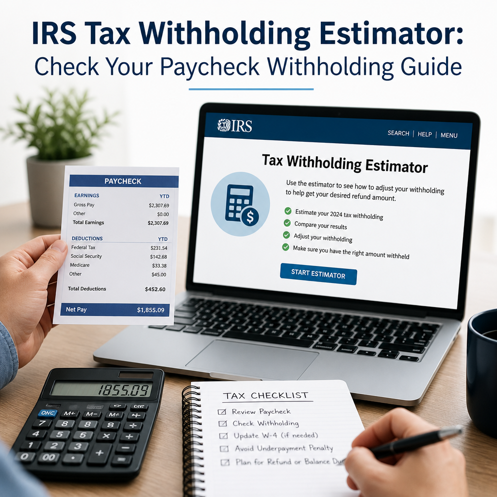 IRS Tax Withholding Estimator guide on laptop with paycheck, calculator, and tax checklist