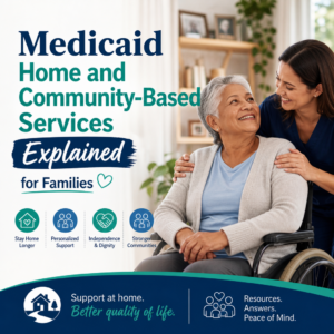 Illustration of family discussing Medicaid home and community-based services for support at home.