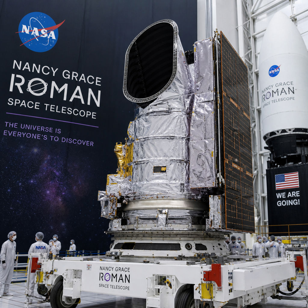 NASA technicians preparing the Nancy Grace Roman Space Telescope for launch at a facility