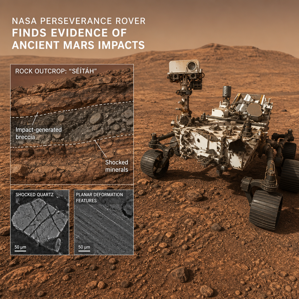 NASA Perseverance rover analyzing Martian rocks for evidence of ancient impacts.