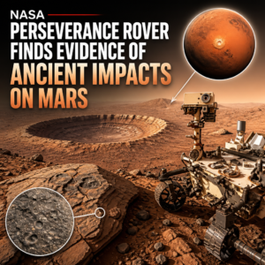 Perseverance rover on Mars near ancient impact craters and rocky terrain