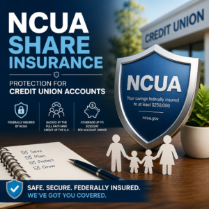 NCUA Share Insurance protects credit union accounts up to $250,000 with federal coverage.