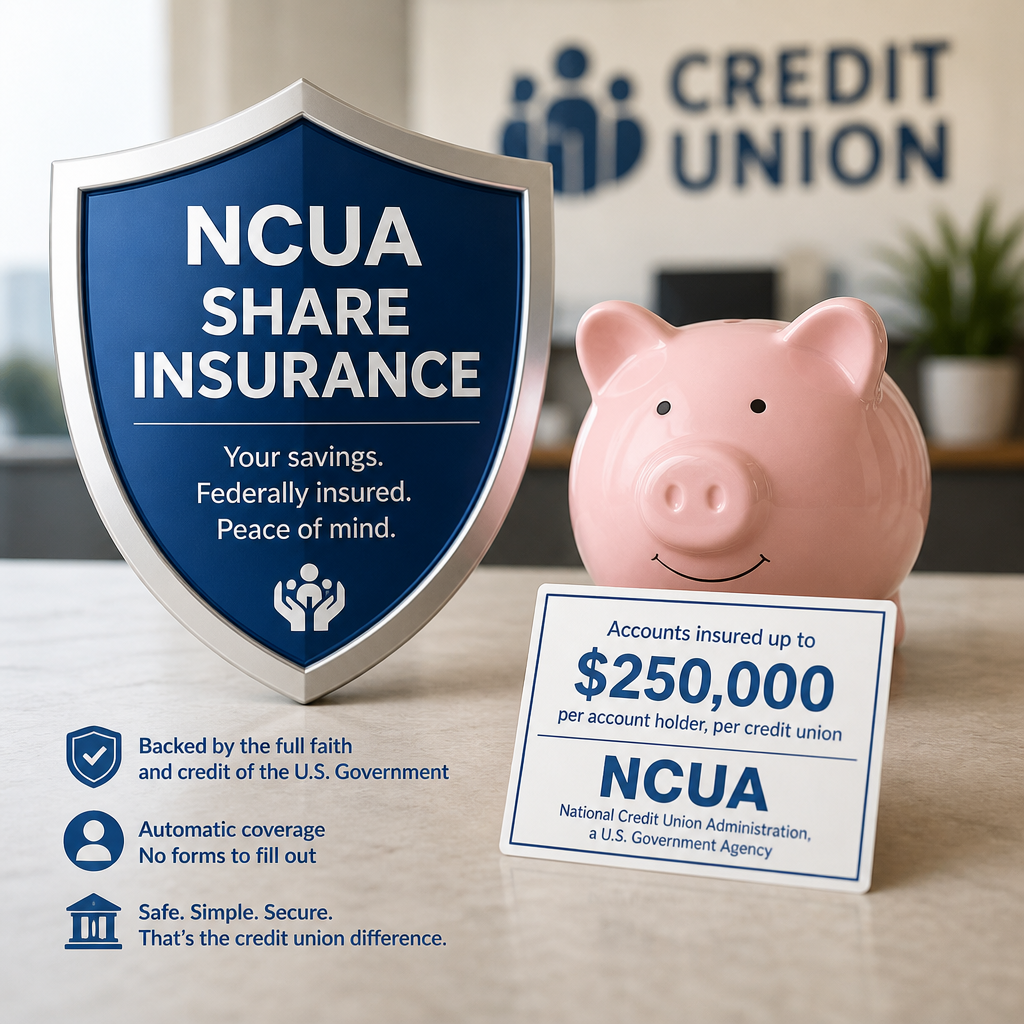 NCUA Share Insurance protects credit union accounts up to $250,000 with federal backing.