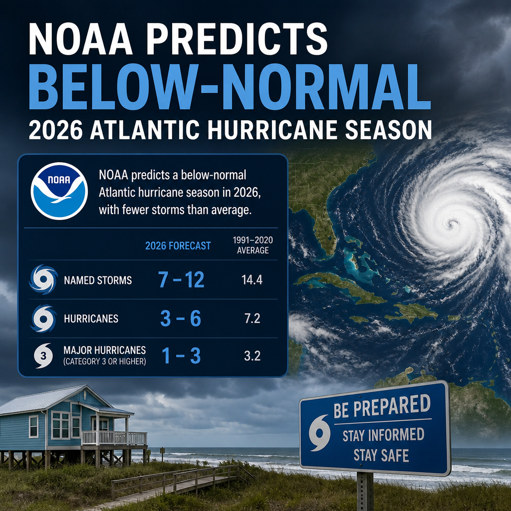 NOAA forecast graphic showing a below-normal 2026 Atlantic hurricane season with fewer storms than average