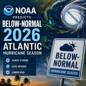 NOAA forecast graphic showing a below-normal 2026 Atlantic hurricane season with fewer, weaker storms.