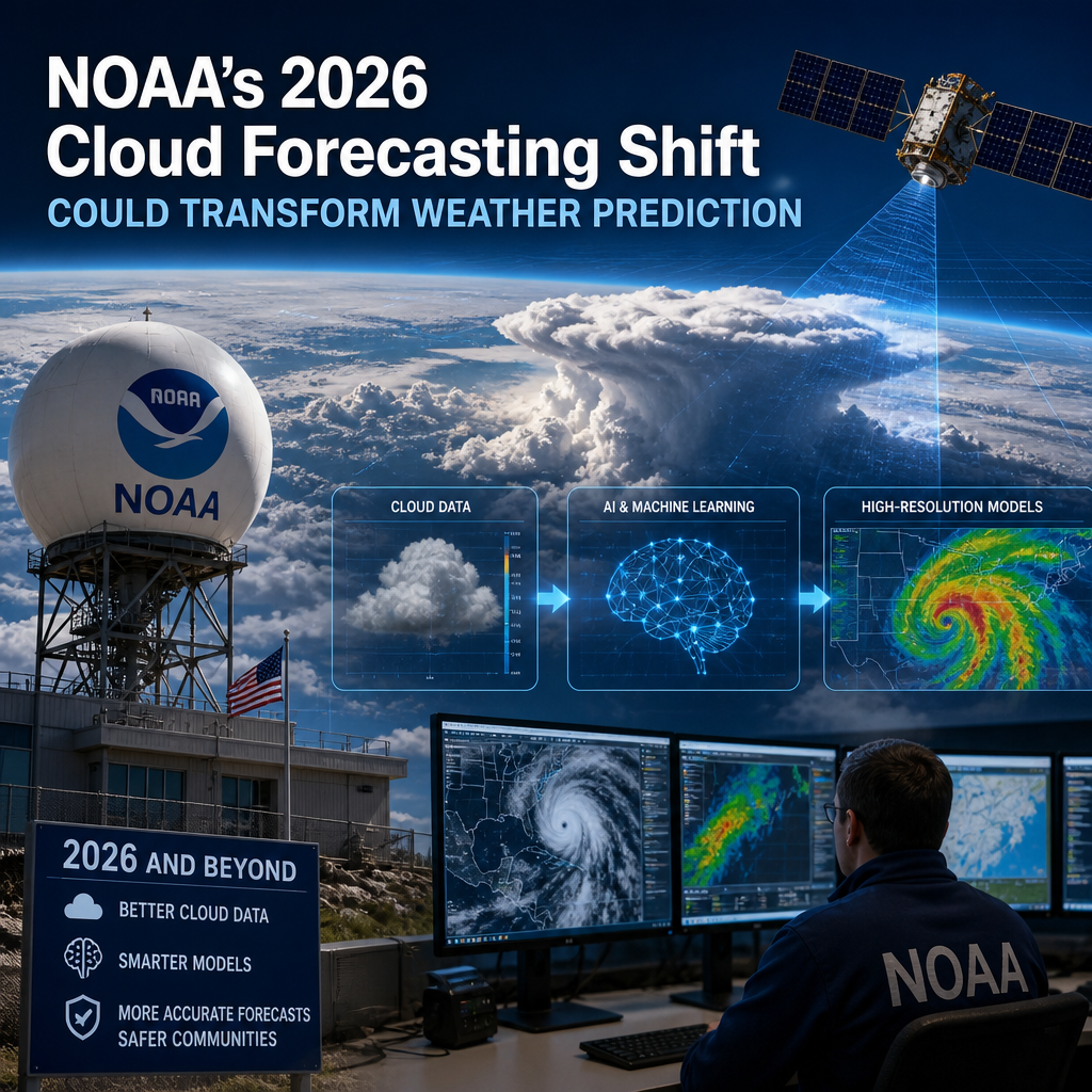 NOAA cloud forecasting shift graphic showing AI and high-resolution weather models improving predictions
