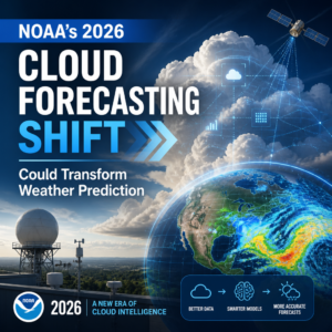 Satellite and AI graphics showing NOAA cloud forecasting improving weather prediction