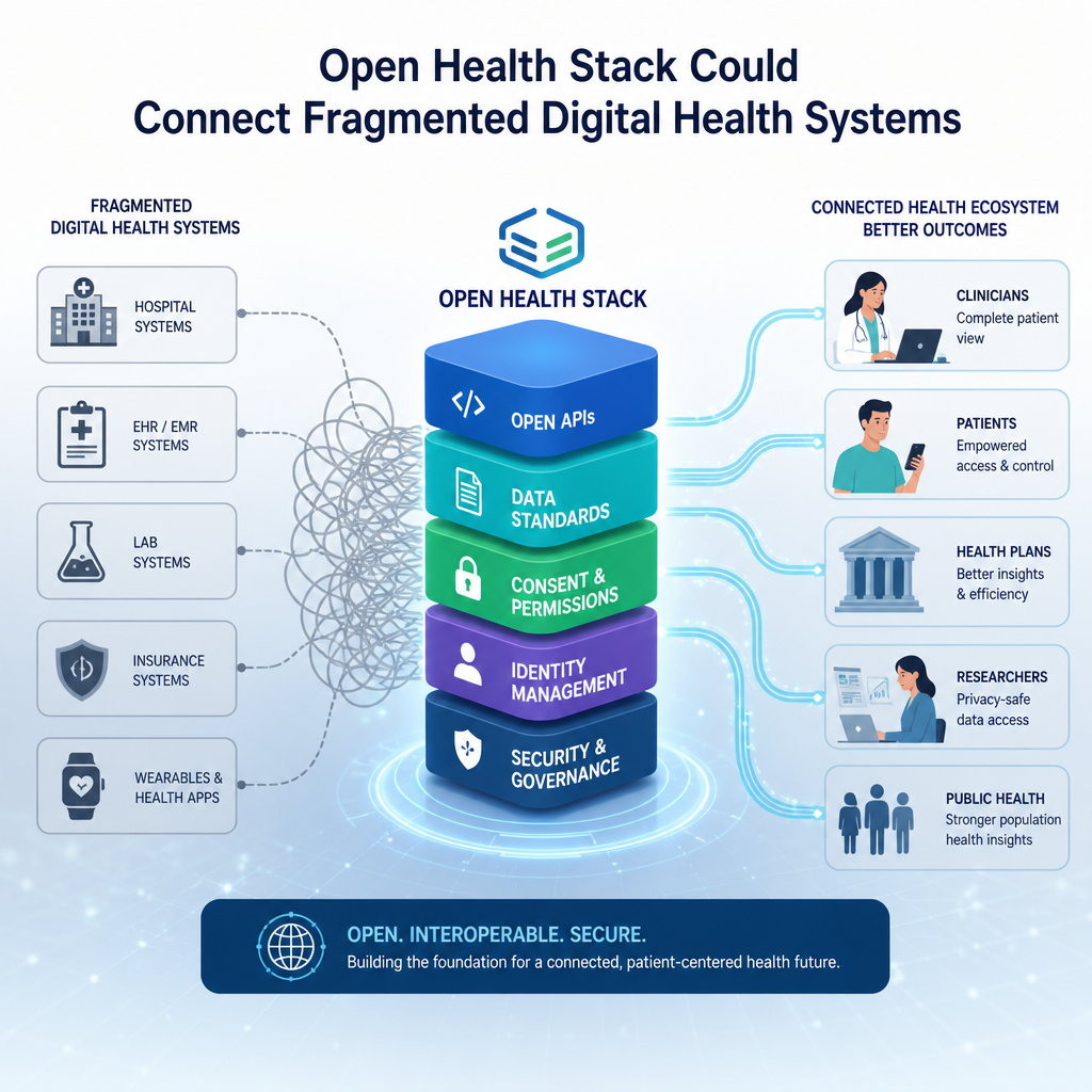 Diagram showing an open health stack connecting fragmented digital health systems into one ecosystem