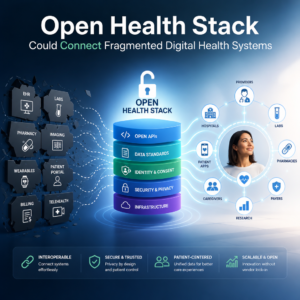 Open health stack diagram linking APIs, data standards, and security across fragmented digital health systems