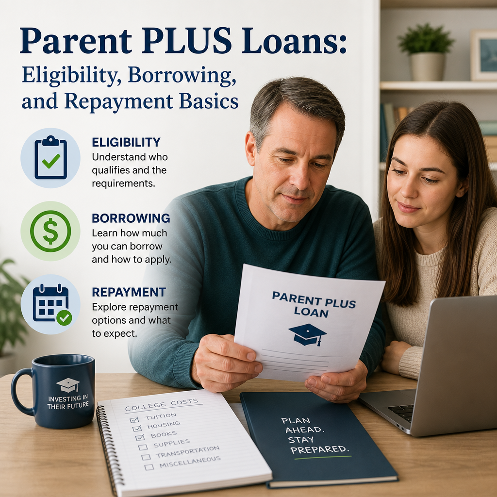 Couple reviewing Parent PLUS Loans eligibility, borrowing, and repayment basics for college financing.