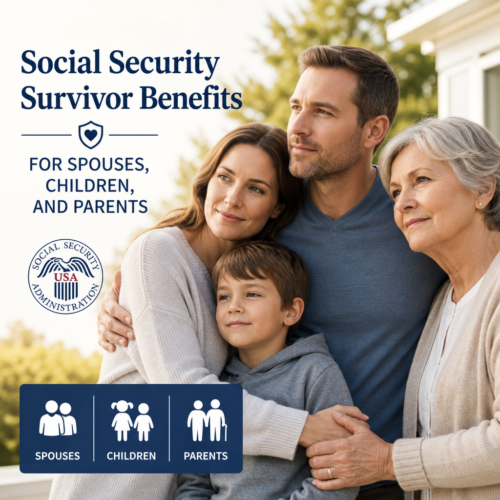 Illustration of family receiving Social Security survivor benefits information for spouses, children, and parents