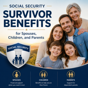 Illustration of Social Security survivor benefits showing a spouse, children, and parent with financial support details