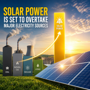 Infographic showing solar power surpassing coal, natural gas, nuclear, and hydro as a major electricity source.