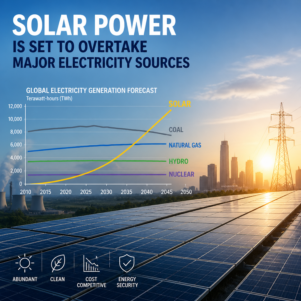 Forecast graph showing solar power surpassing major electricity sources by 2050, with solar panels and city skyline.