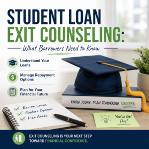 Illustration of student loan exit counseling with repayment tips, loan details, and financial planning icons