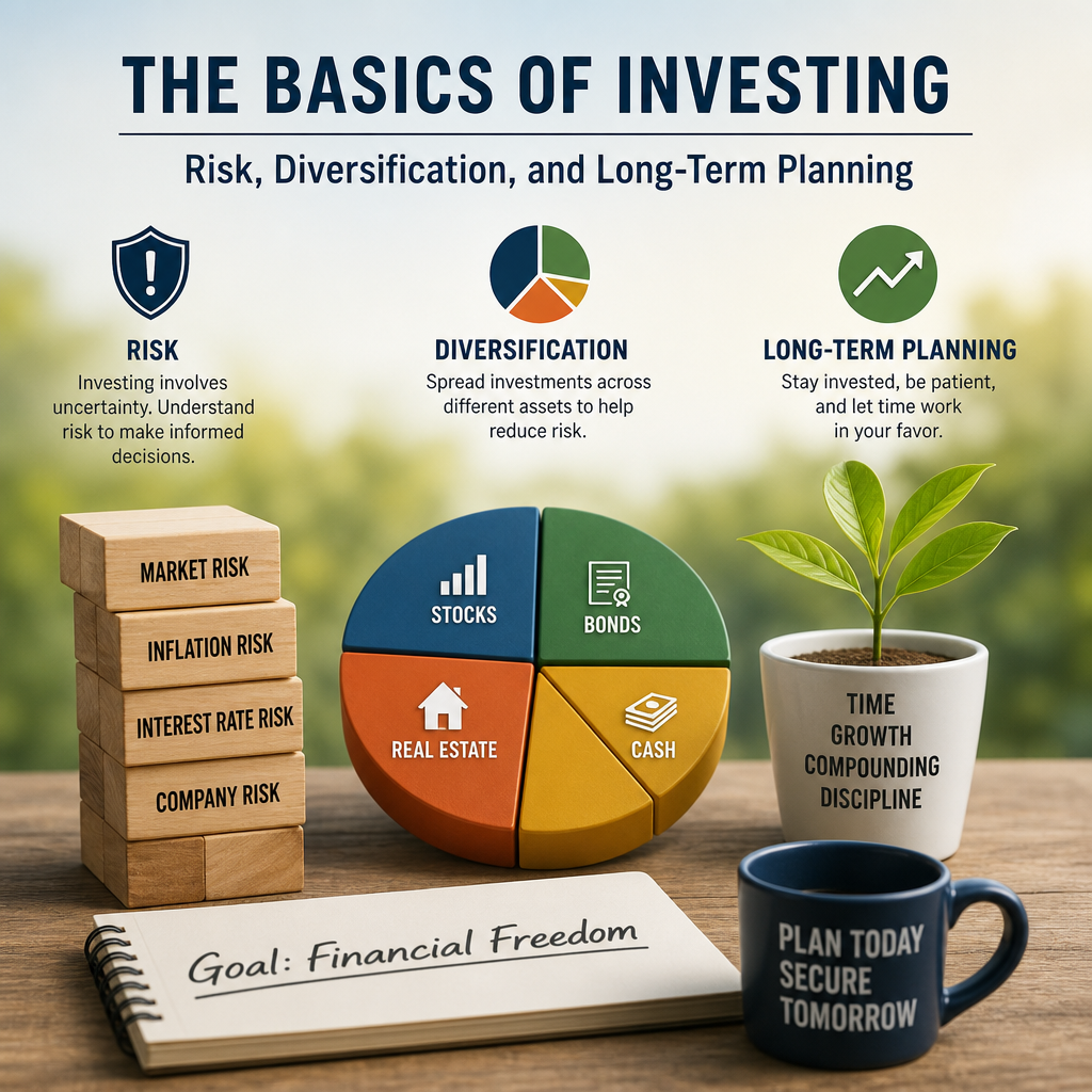 Infographic on investing basics: risk, diversification, and long-term planning for financial freedom.