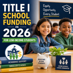 Illustration of Title I school funding supporting low-income students with books, smaller classes, and brighter futures