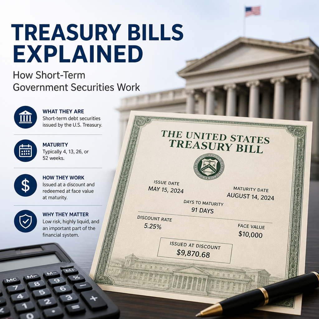 Infographic explaining how Treasury bills work, showing discount purchase, maturity payout, and low risk.