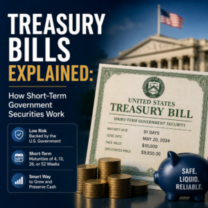 Illustration of Treasury bills, short-term U.S. government securities bought at a discount and paid at maturity