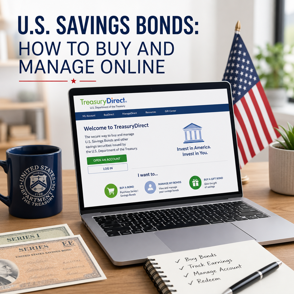 Laptop showing TreasuryDirect website for buying and managing U.S. savings bonds online