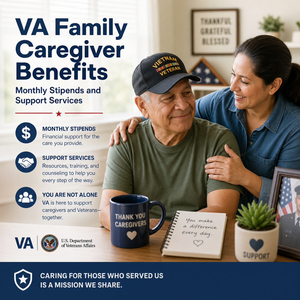 VA family caregiver benefits graphic showing monthly stipends, training, counseling, and respite care for veteran caregivers