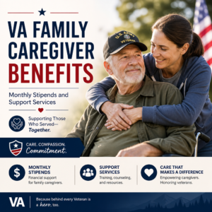 VA family caregiver benefits with monthly stipends, training, counseling, and respite care for veteran caregivers