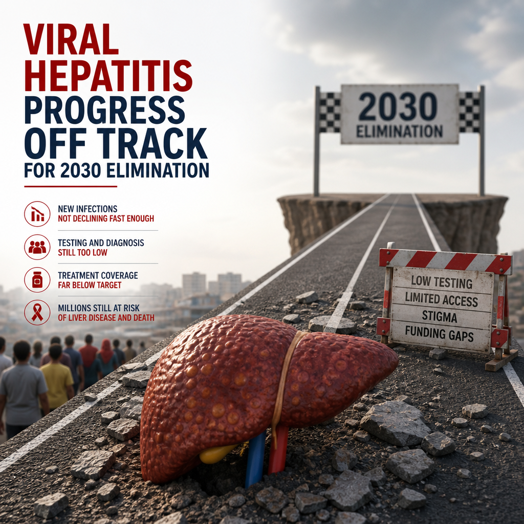 3D liver on a cracked road symbolizing off-track progress toward viral hepatitis elimination by 2030