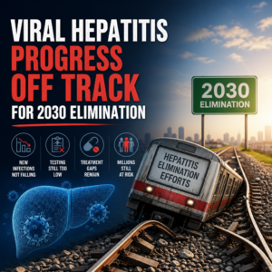 Infographic showing viral hepatitis elimination progress off track for 2030, with setbacks and key challenges.