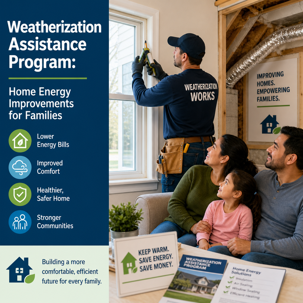 Weatherization Assistance Program worker adding insulation to improve a family’s home comfort and energy efficiency