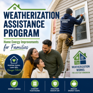 Family receiving home energy upgrades through the Weatherization Assistance Program for lower bills and comfort