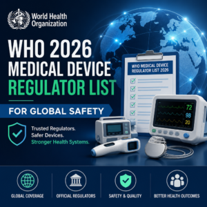 WHO graphic showing a 2026 medical device regulator list for global safety and trusted oversight